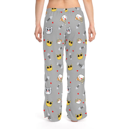 Cute grey women's pajama pants with all-over cat face print, comfortable sleep lounge pants by Printify