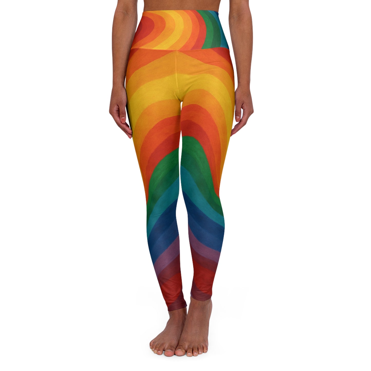 Rainbow High-waisted yoga leggings with colorful all-over print, designed for comfort and style for yoga enthusiasts.