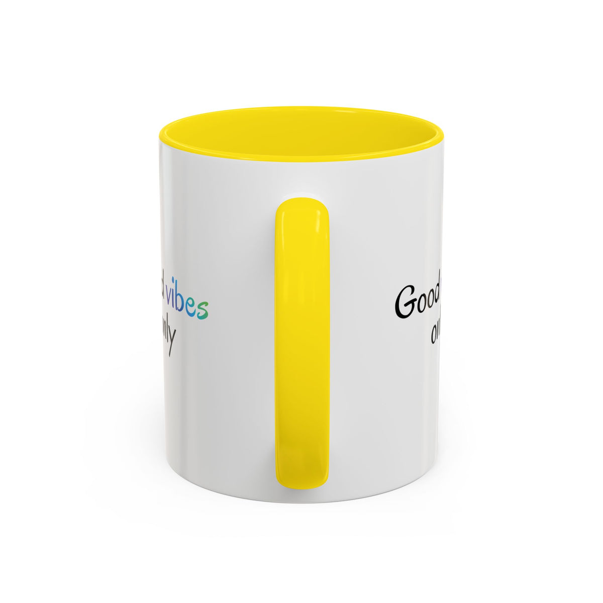 Printify Good Vibes Only coffee mug with positive morning inspirational quote and modern design on a white ceramic mug.