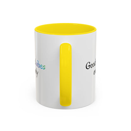 Printify Good Vibes Only coffee mug with positive morning inspirational quote and modern design on a white ceramic mug.