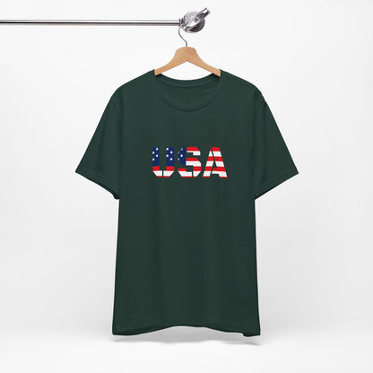 USA Flag Text T-shirt by Printify featuring patriotic red, white, and blue colors and bold "USA" lettering for Fourth of July.