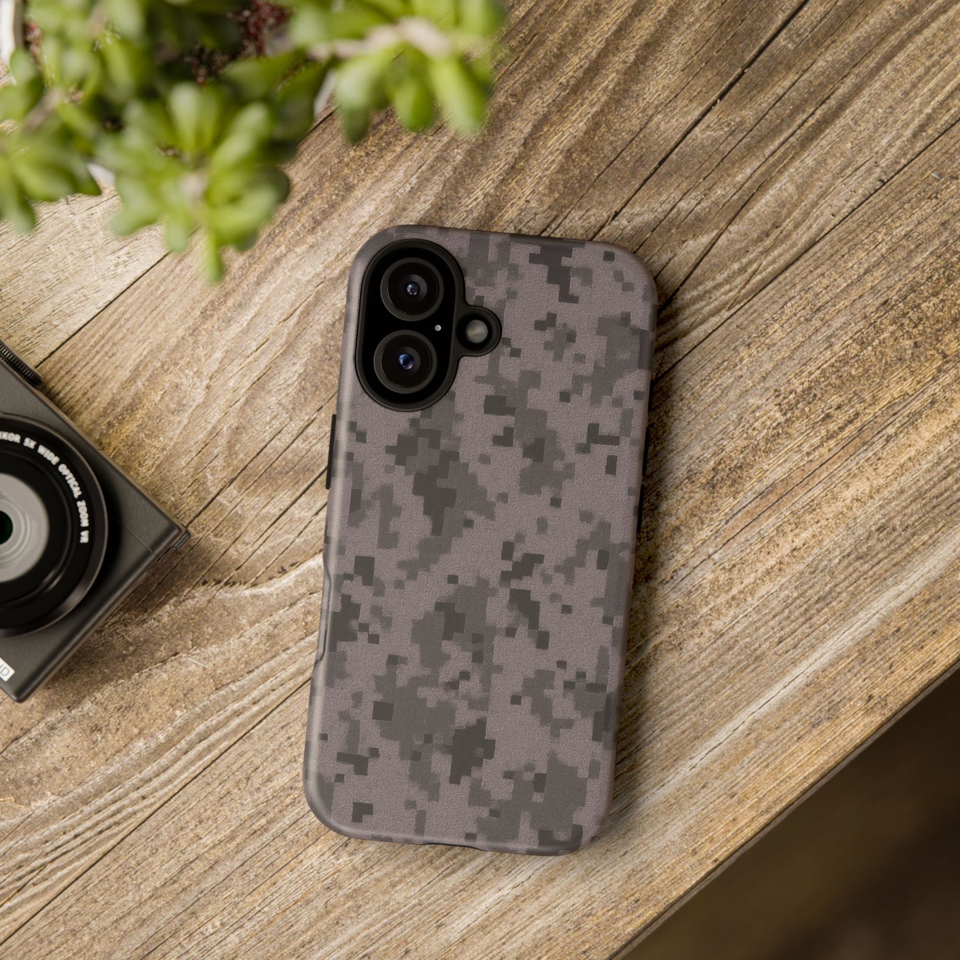 Gray digital camouflage phone case by Printify, rugged protective cover for smartphones with a tough, stylish camo design.