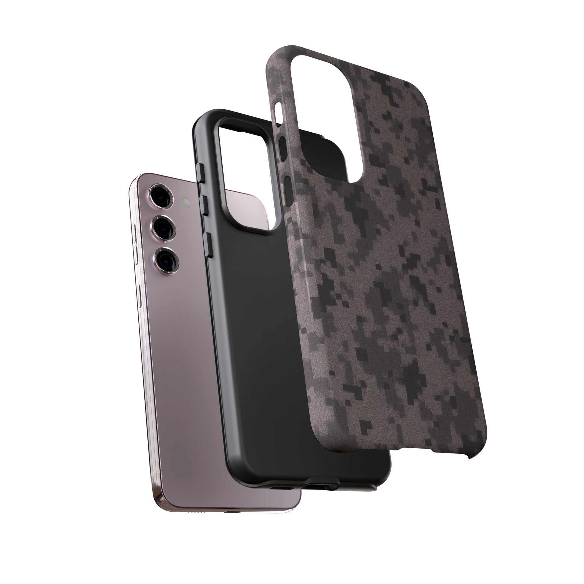 Gray digital camouflage phone case by Printify, tough protective cover for smartphones with a rugged camo design.