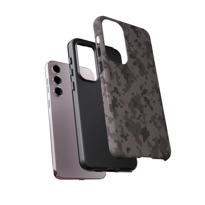 Gray digital camouflage phone case by Printify, tough protective cover for smartphones with a rugged camo design.