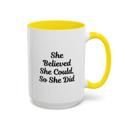Printify motivational coffee mug with "She Believed She Could, So She Did" quote, ceramic mug with inspiring design.