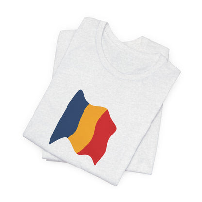 Romania flag T-shirt by Printify featuring a minimal waving tricolor design on a casual cotton tee.