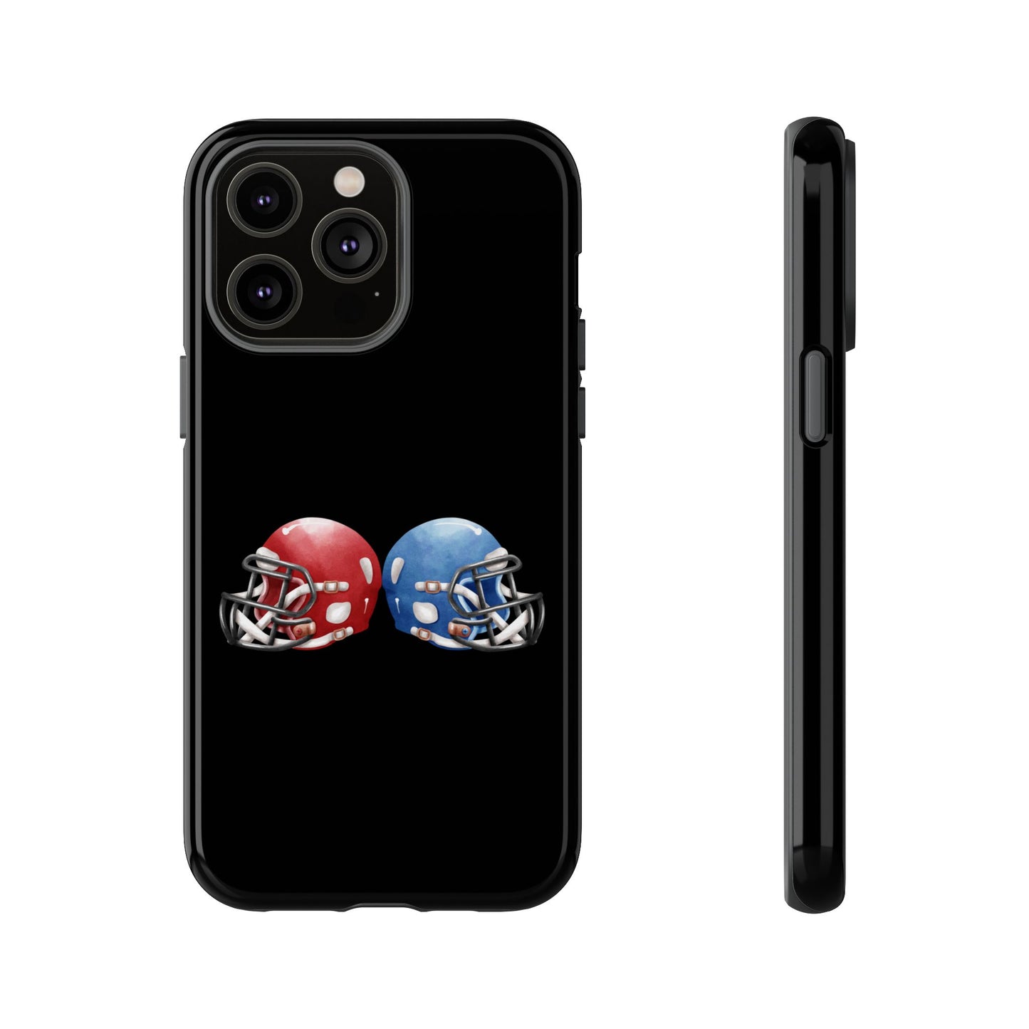 Red and blue football helmet tough phone case for iPhone, durable protective cover by Printify with realistic helmet design.
