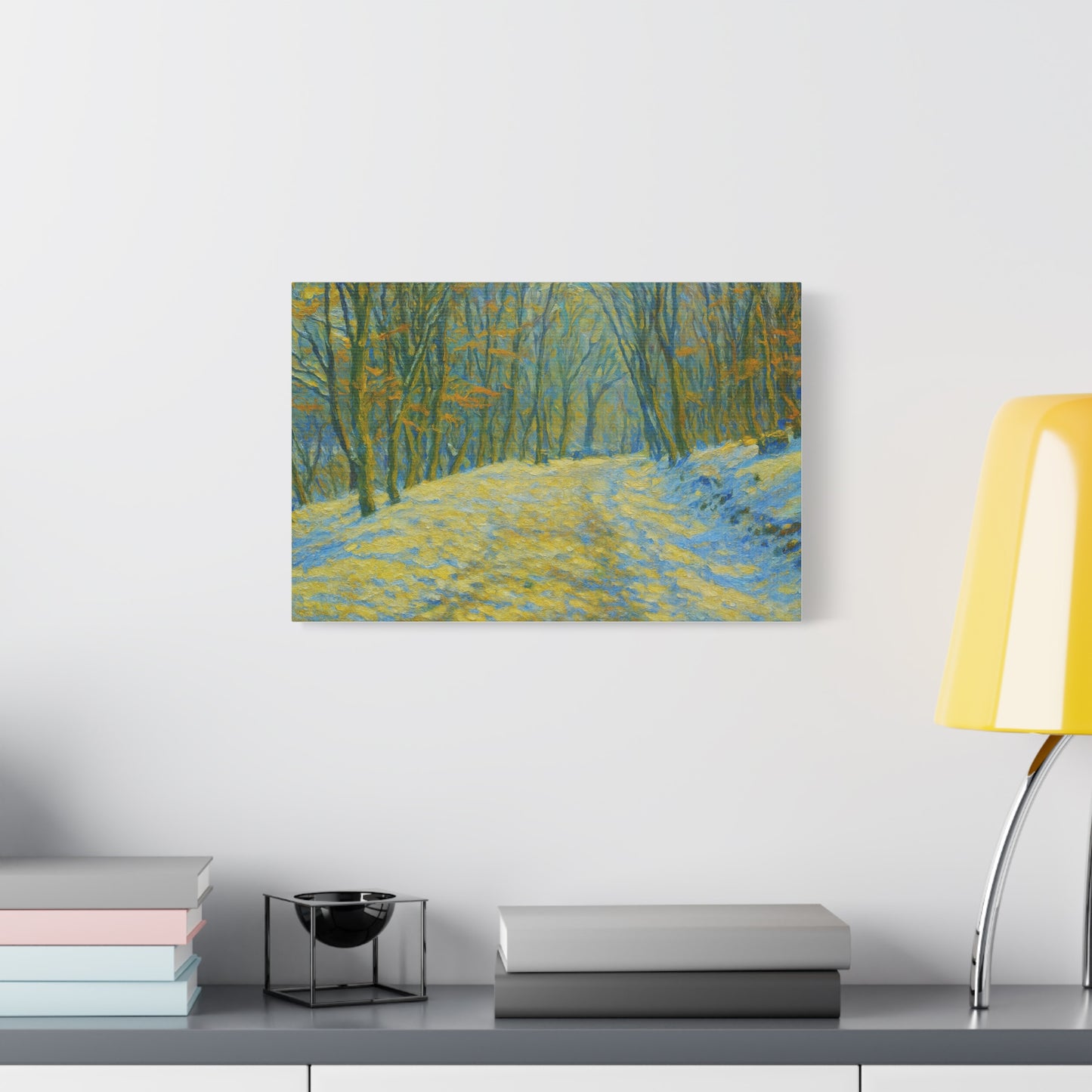 Winter landscape canvas wall art by Printify featuring a cozy nature scene, ideal for living room decoration.