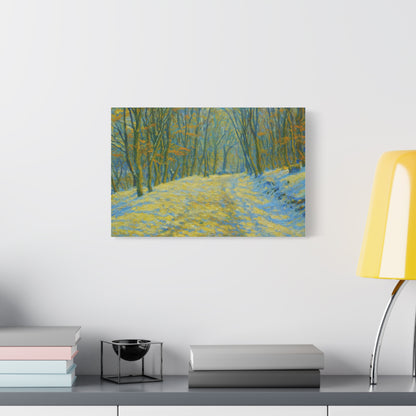 Winter landscape canvas wall art by Printify featuring a cozy nature scene, ideal for living room decoration.