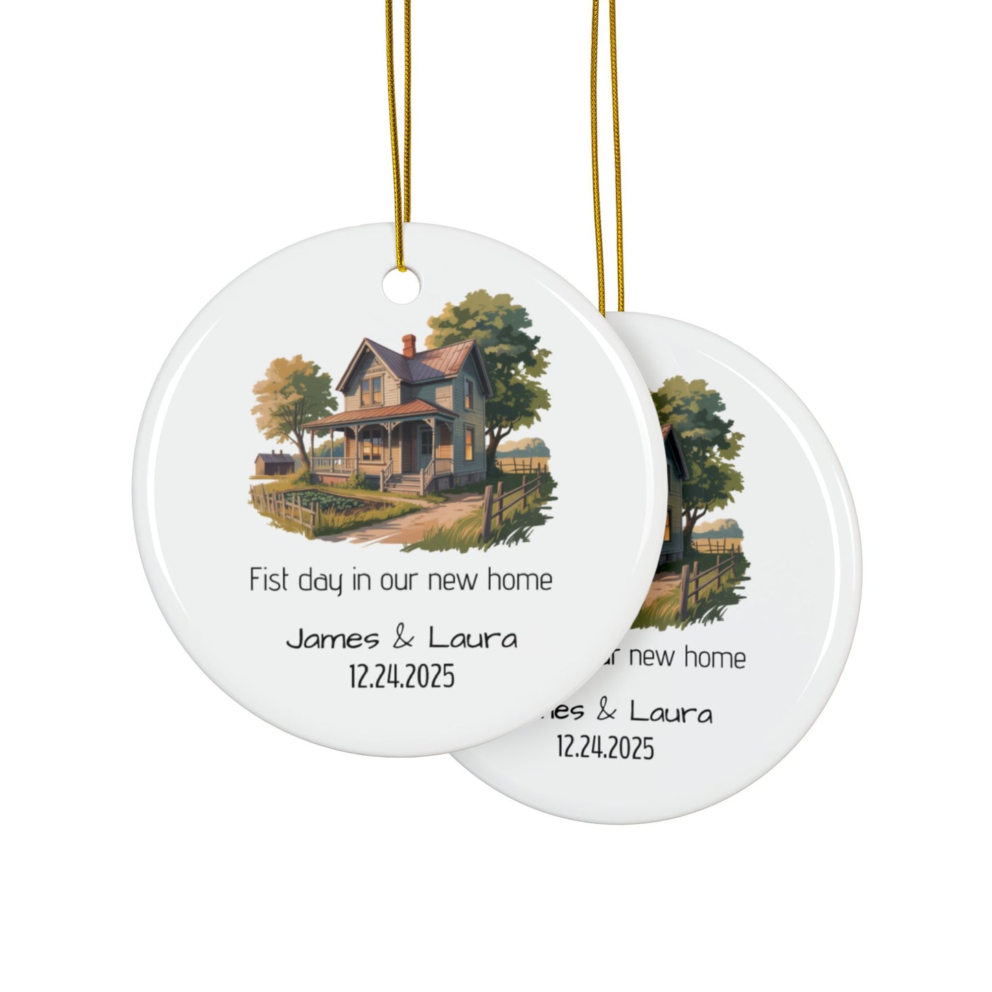 Vintage house illustration ceramic ornament with personalized name and date, ideal for home decor or gift-giving.