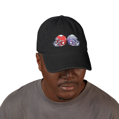 Red and blue embroidered football helmets denim hat, casual team cap by Printify with detailed stitching and adjustable fit.