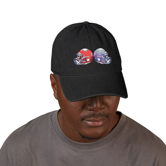 Red and blue embroidered football helmets denim hat, casual team cap by Printify with detailed stitching and adjustable fit.