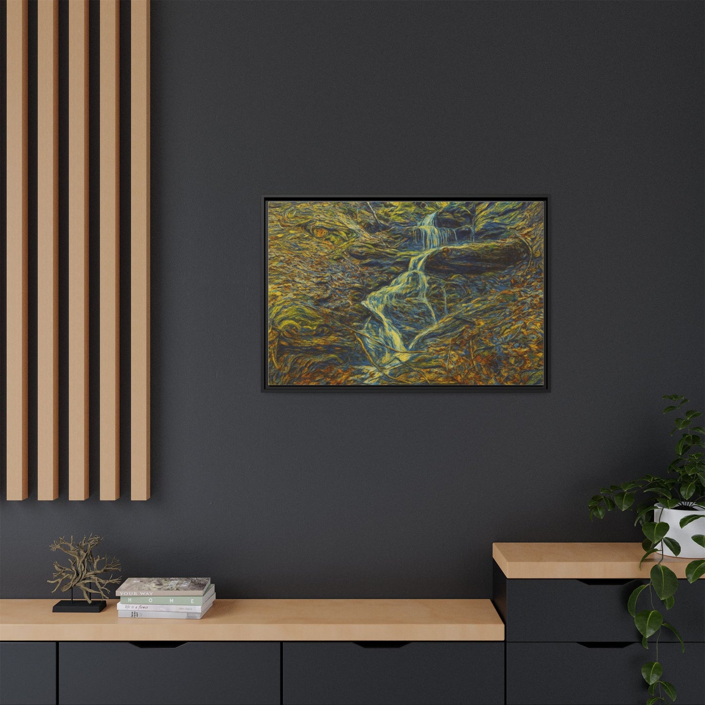 Framed matte canvas wall art of autumn forest with waterfall, featuring vibrant fall foliage and serene nature scene by Printify.