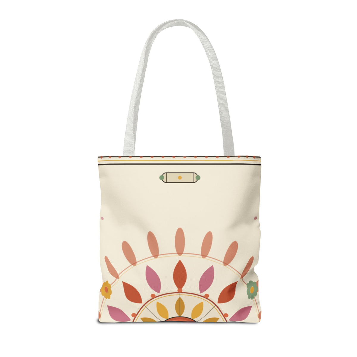 Boho floral mandala tote bag with pastel sunburst pattern, featuring a colorful, artistic design on a spacious bag.