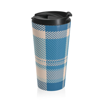 Blue and cream plaid 15oz insulated stainless steel travel mug