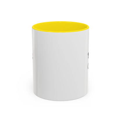 Black handle and rim coffee mug with "But First Coffee" print, 11oz or 15oz size, by Printify, shown from a front view.