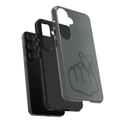 Silicone phone case with embossed Korean finger heart design, compatible with smartphones, by Printify.