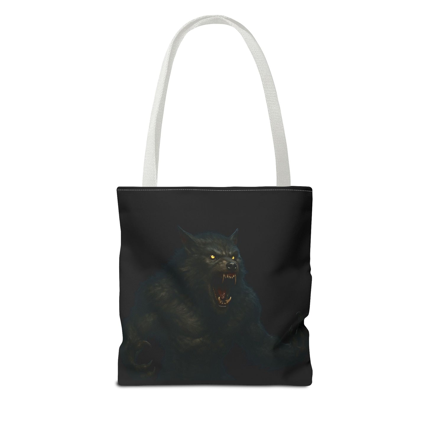 Dark werewolf tote bag featuring Halloween art, ideal gift for horror fans, made by Printify, with spooky wolf design.