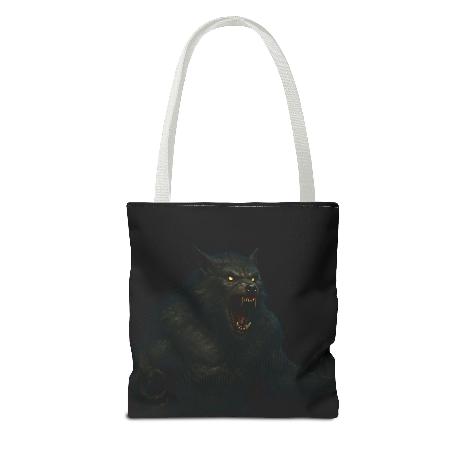 Dark werewolf tote bag featuring Halloween art, ideal gift for horror fans, made by Printify, with spooky wolf design.