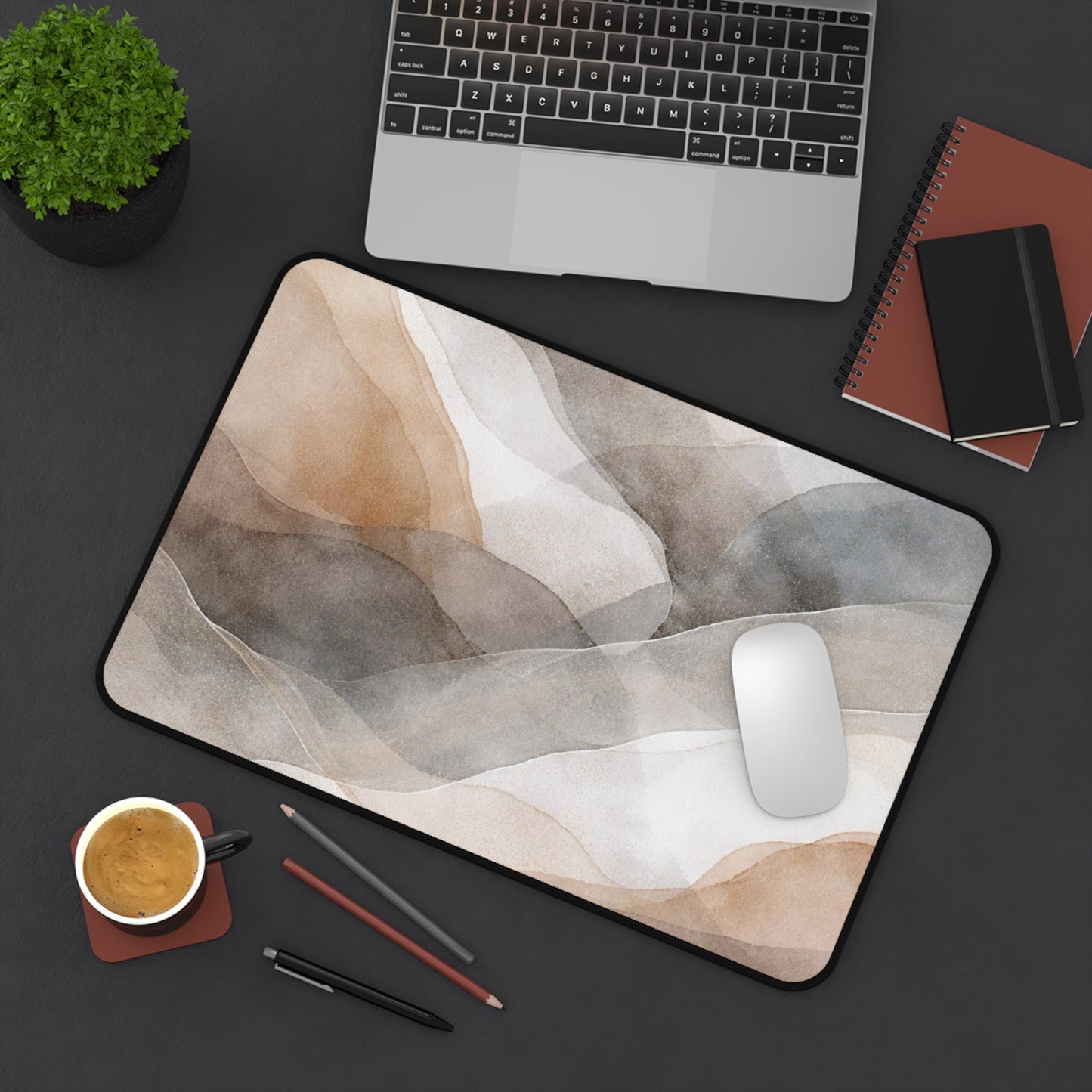 Neutral Watercolor Waves Desk Mat | Abstract Beige Gray Mouse Pad