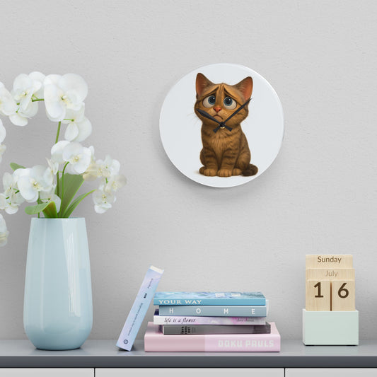 Sad Cartoon Kitten Acrylic Wall Clock – Cute Nursery Cat Decor