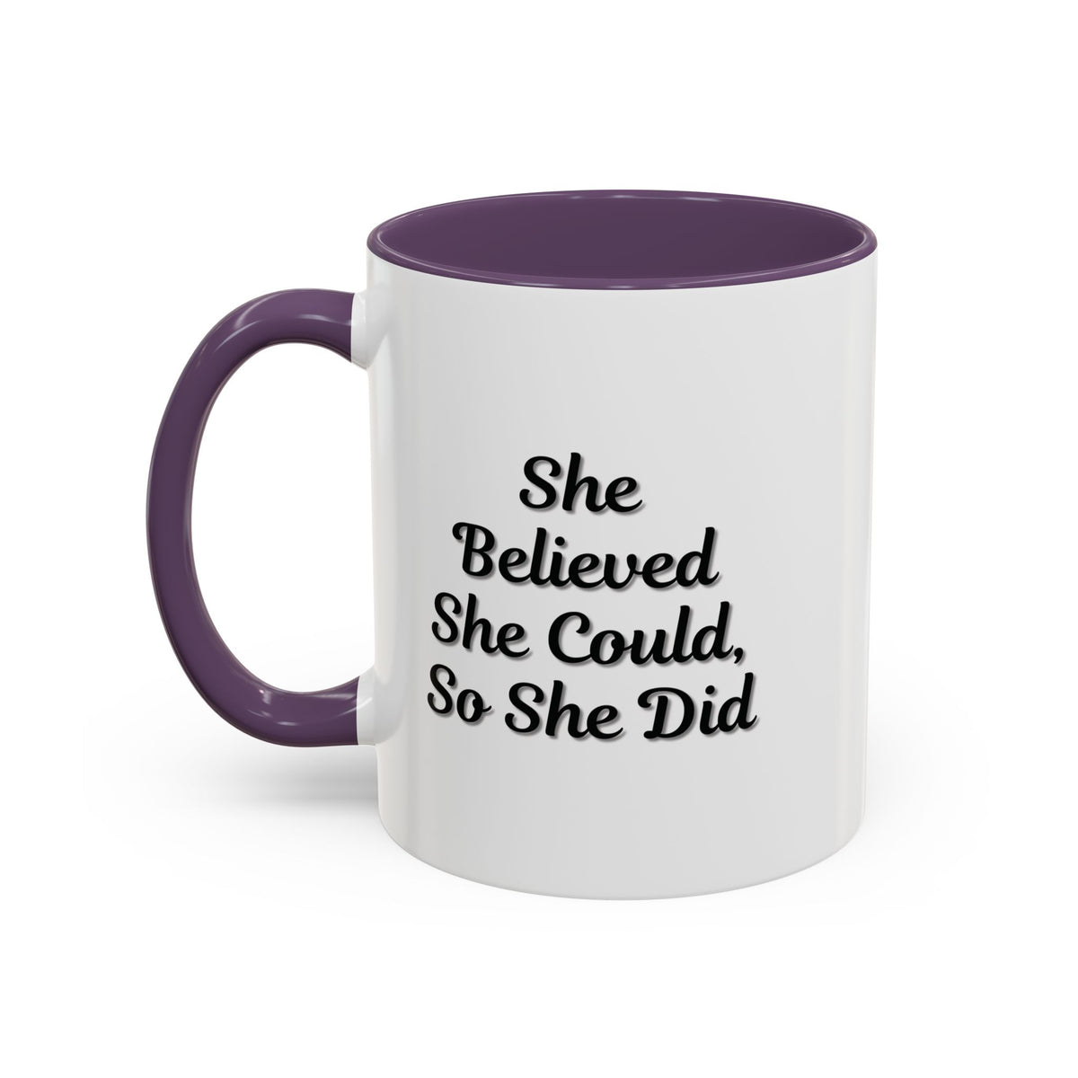 Printify motivational coffee mug with the quote "She Believed She Could, So She Did" featuring a ceramic mug with black text.