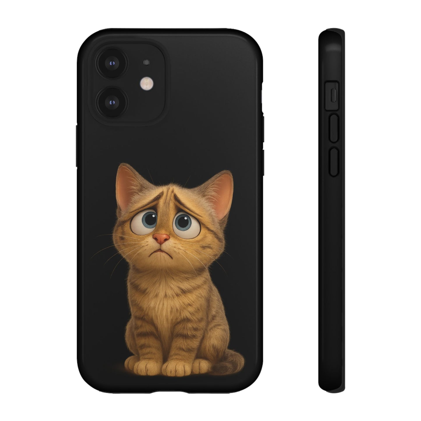 Cute sad kitty design phone case for iPhone, protective printify cat phone case with adorable feline artwork.