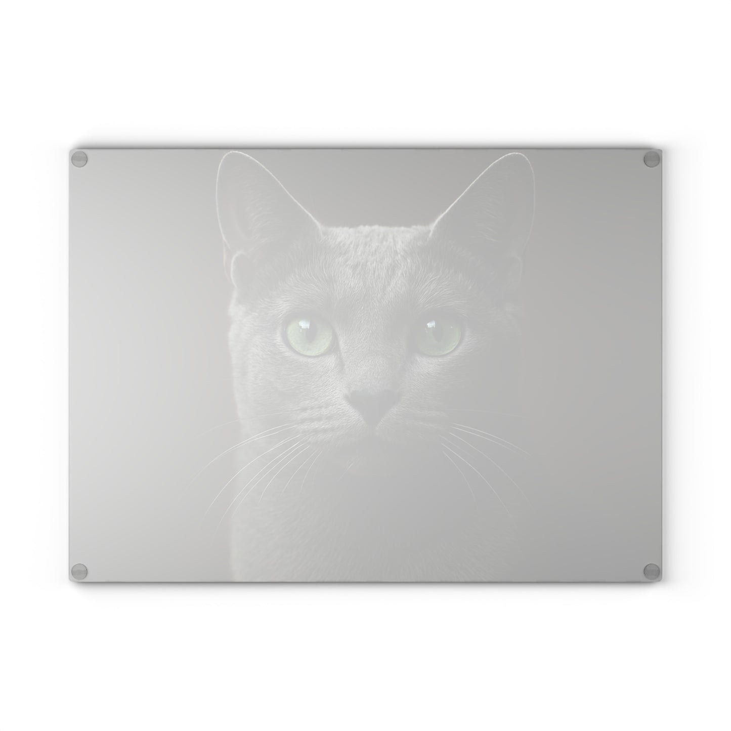 Russian Blue Cat Glass Cutting Board — Decorative Kitchen Cutting Board with Green-Eyed Cat Portrait
