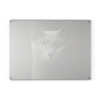 Russian Blue Cat Glass Cutting Board — Decorative Kitchen Cutting Board with Green-Eyed Cat Portrait