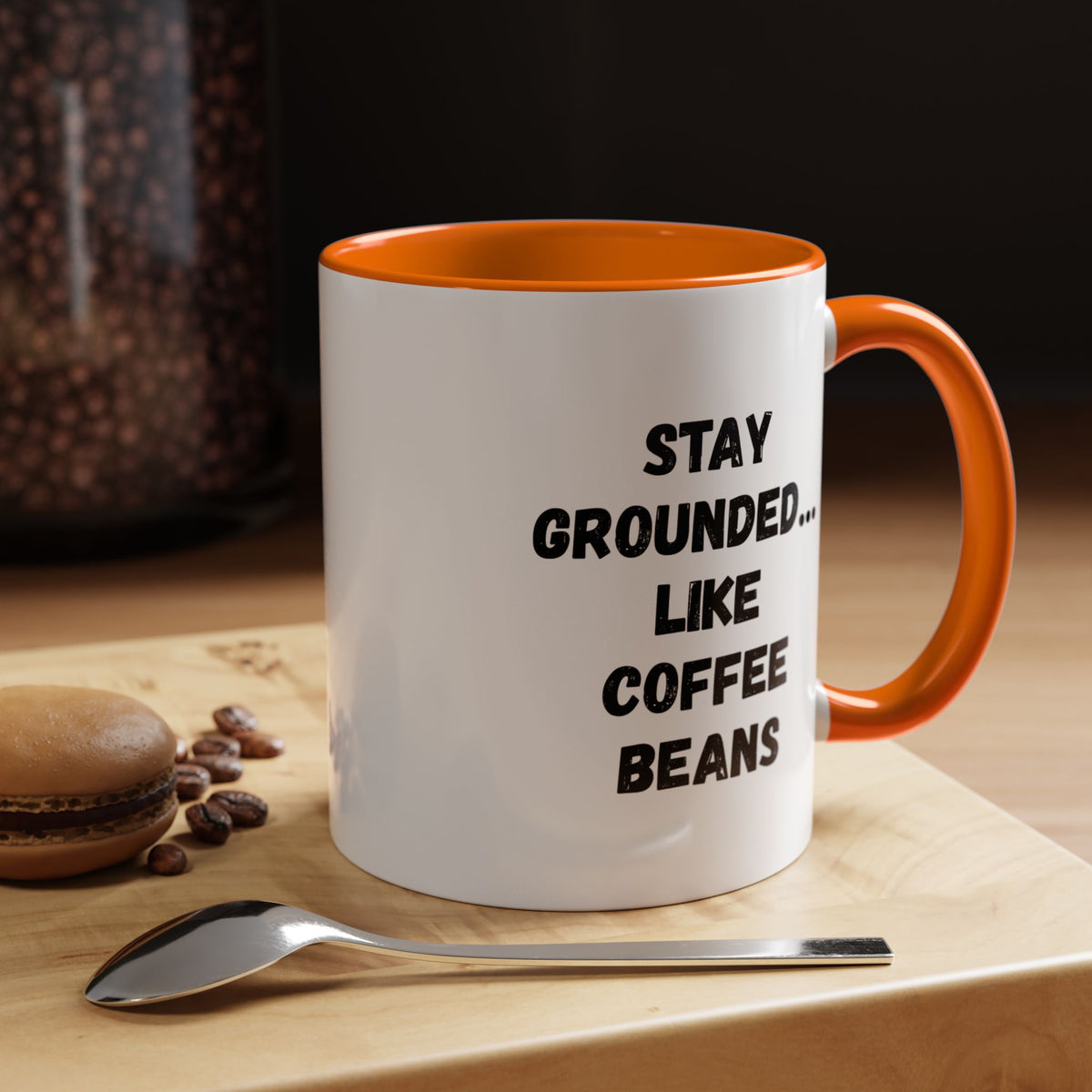 Printify Stay Grounded coffee mug with humorous coffee lover quote, 11oz ceramic accent mug featuring coffee bean design.
