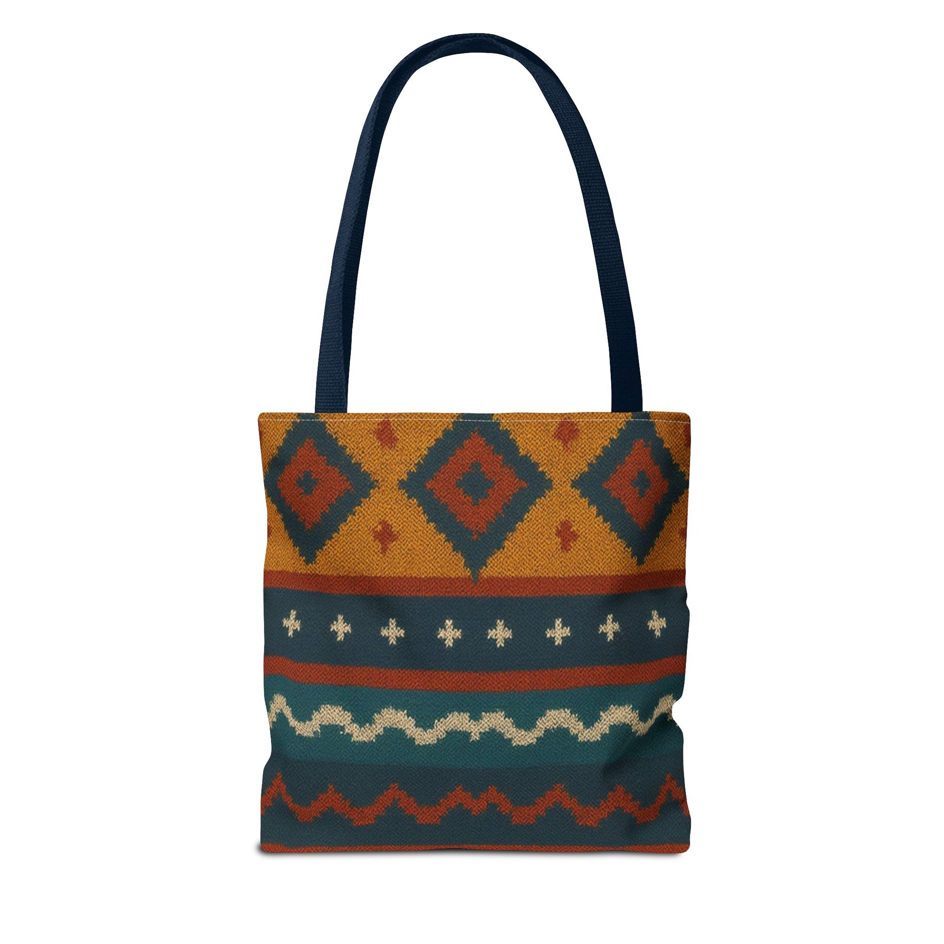 Southwestern diamond pattern tote bag with Aztec tribal geometric print, featuring sturdy handles and vibrant design.