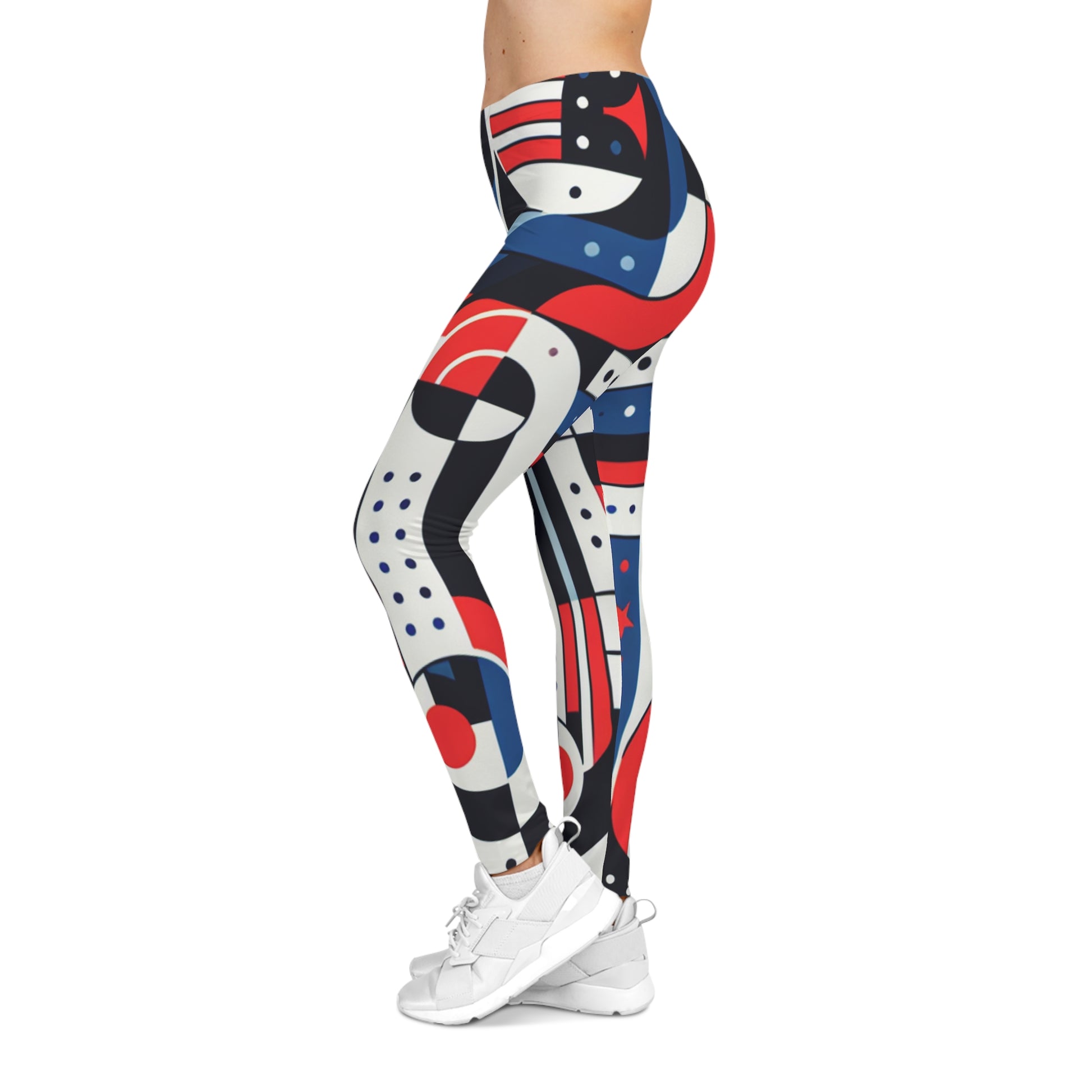 Red, white, and blue geometric tribal print leggings with all-over pattern, stylish activewear from Printify.