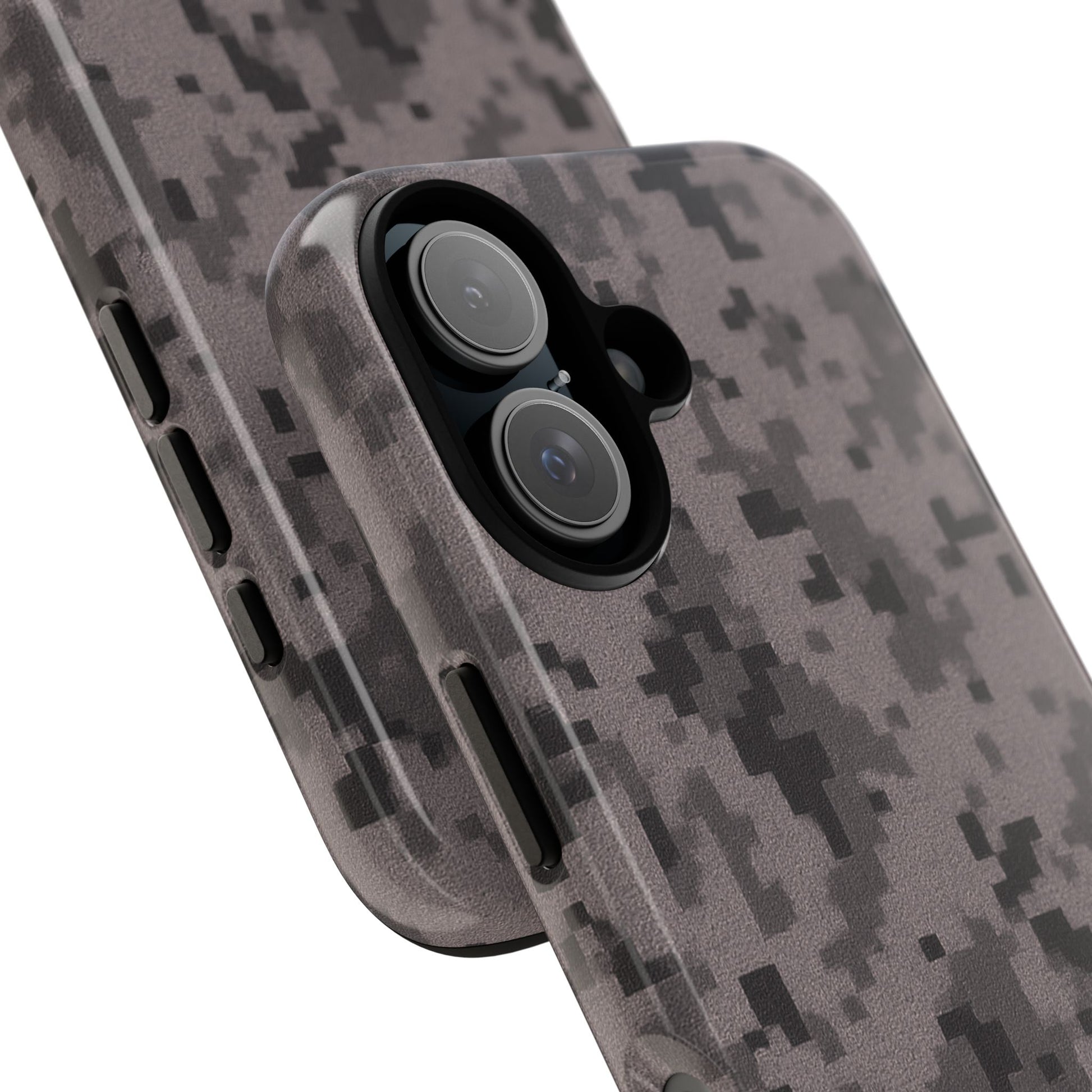Gray digital camouflage phone case by Printify, featuring rugged protective design for smartphones.