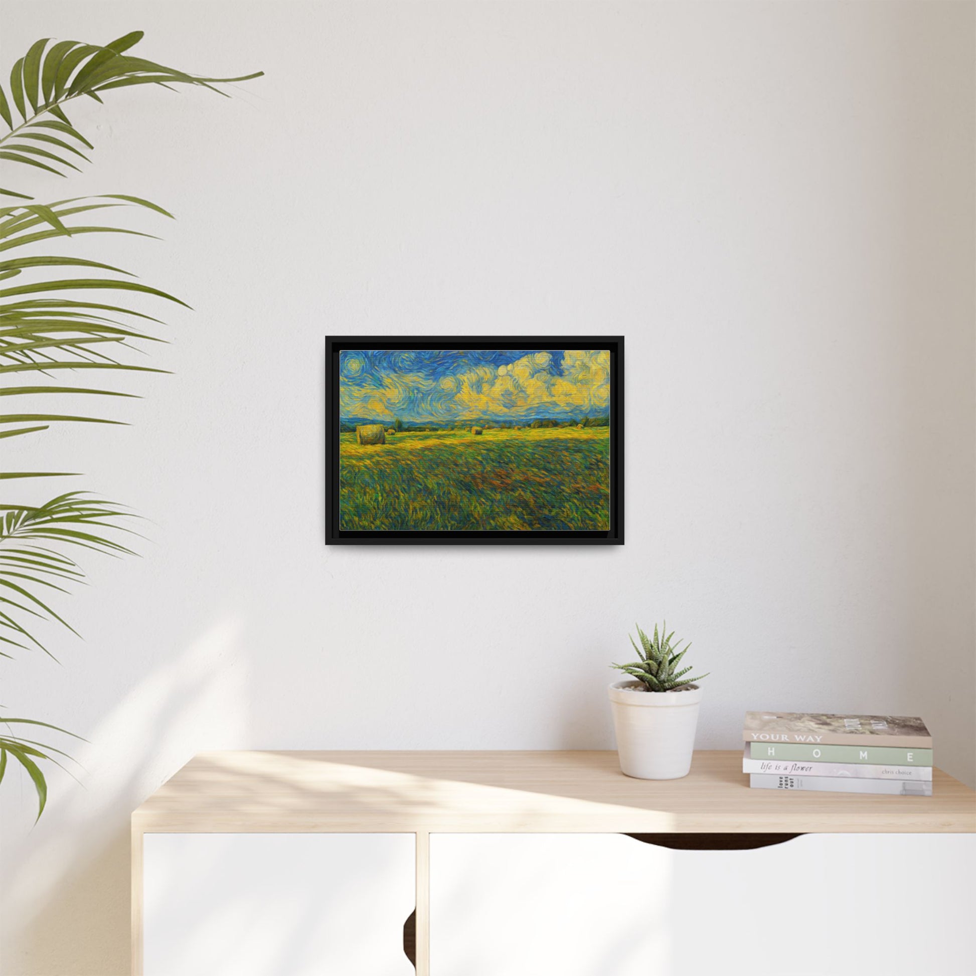 Framed multi-color landscape matte canvas print by Printify showing a scenic outdoor view with vibrant colors and detailed framing.