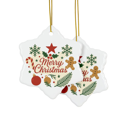Double-sided Merry Christmas ceramic ornament with gingerbread and candy cane designs, holiday tree decoration by Printify.