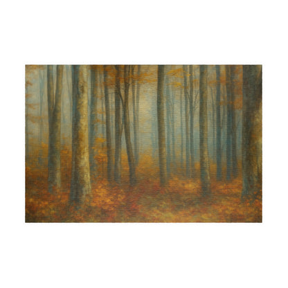 Misty autumn forest puzzle featuring woodland trees, designed by Printify, with vibrant fall colors and detailed forest scenery.