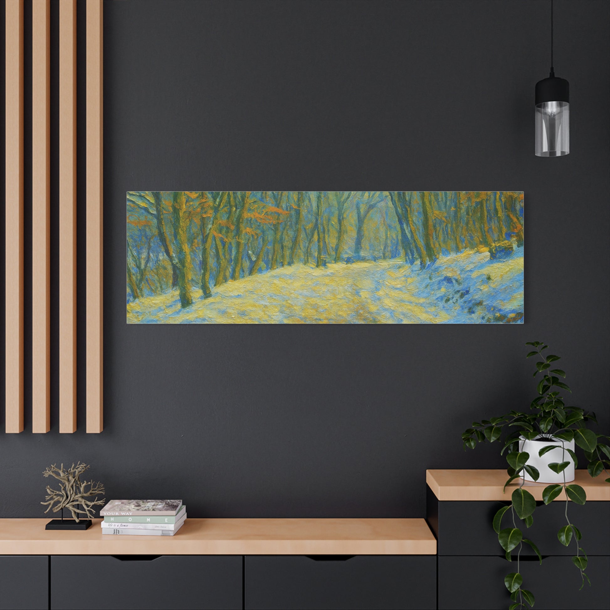 Winter landscape canvas wall art by Printify featuring a cozy nature scene, perfect for living room decor.