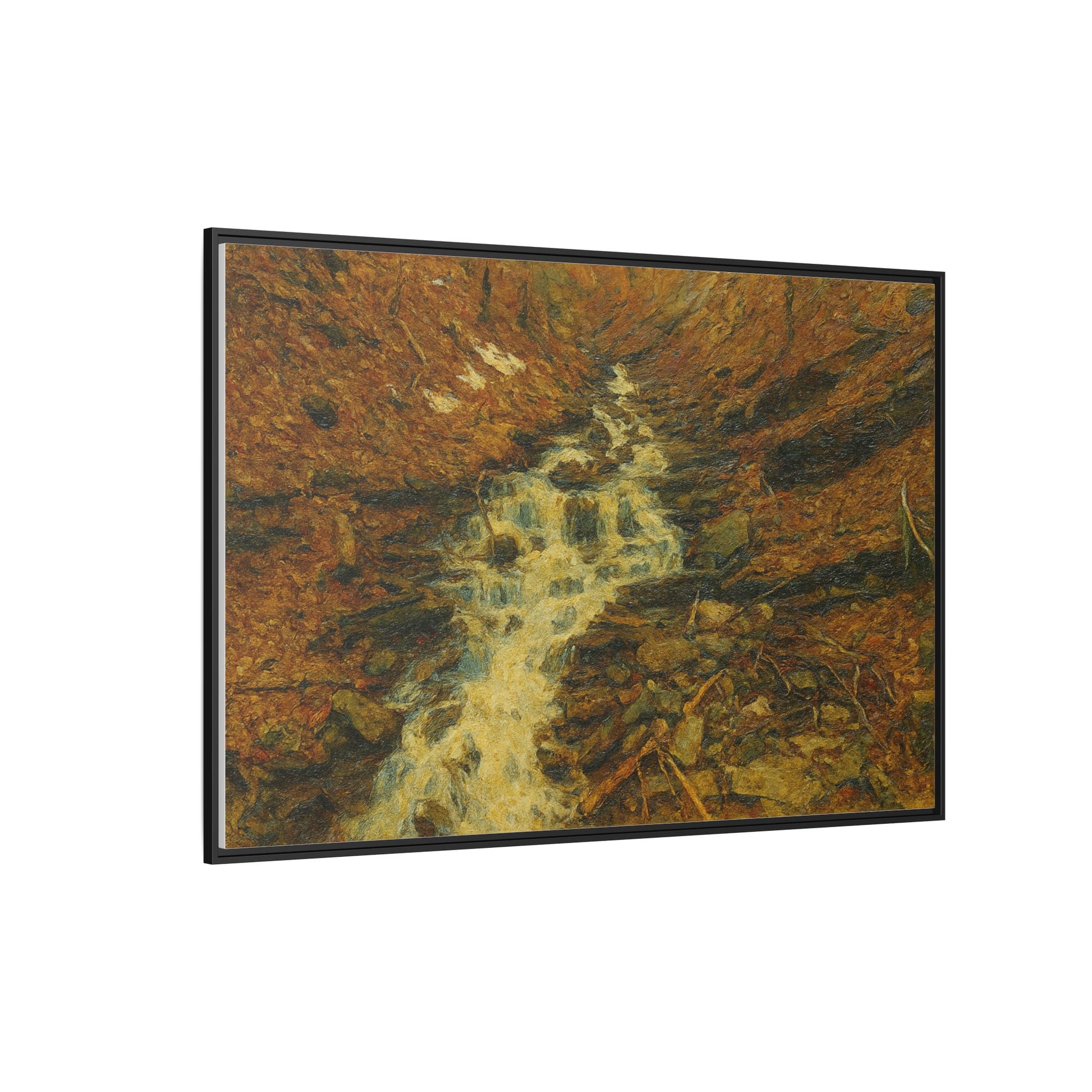Framed matte canvas print of autumn stream landscape artwork by Printify, showcasing vibrant fall trees and flowing water.