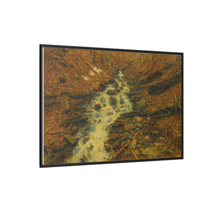 Framed matte canvas print of autumn stream landscape artwork by Printify, showcasing vibrant fall trees and flowing water.