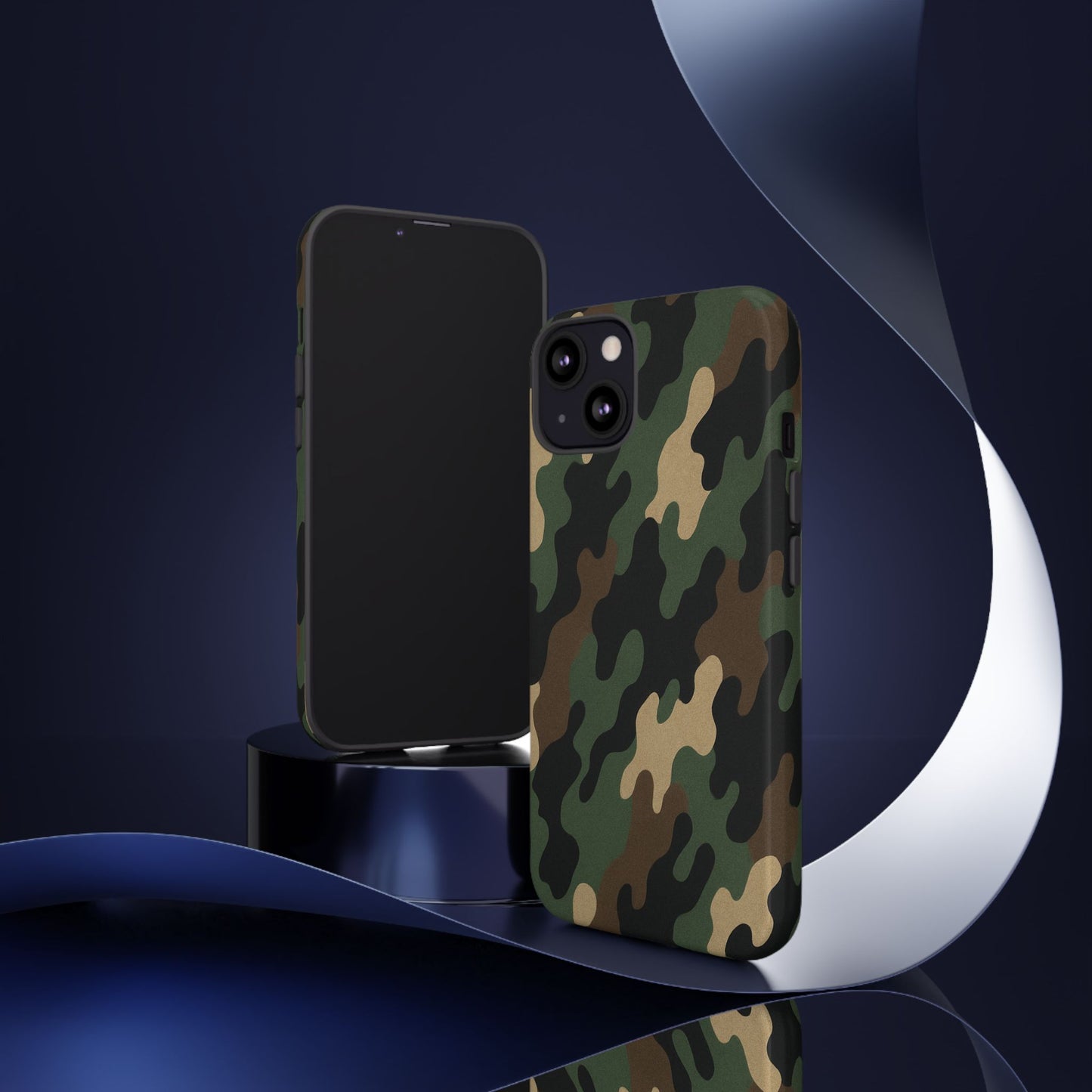 Camouflage tough phone case by Printify showcasing a rugged camo pattern for durable protection.
