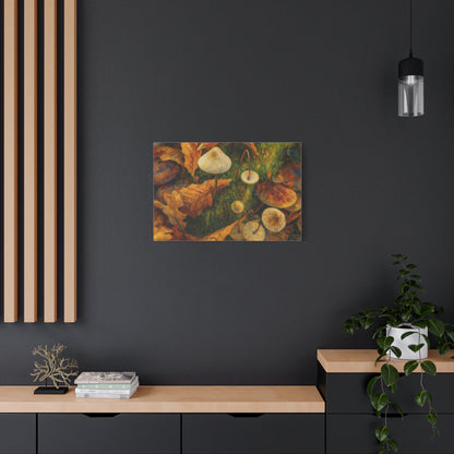 Autumn Mushrooms canvas print by Printify featuring vibrant mushroom illustrations on a textured canvas background.