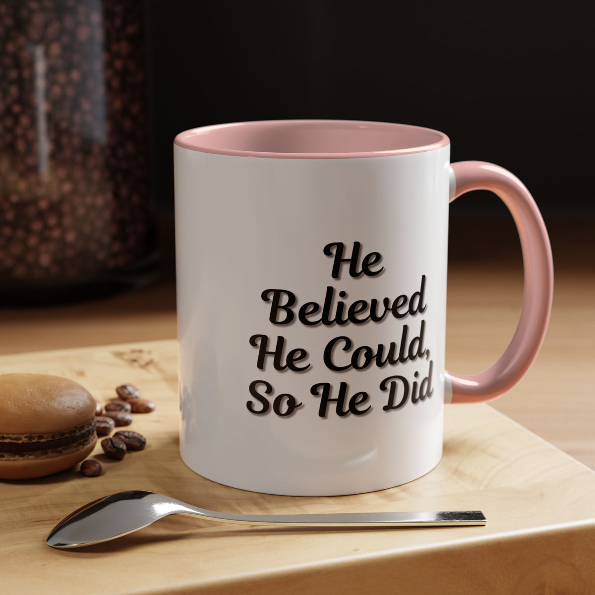 Printify inspirational coffee mug with "He Believed He Could So He Did" quote, ceramic mug for motivational drinks.