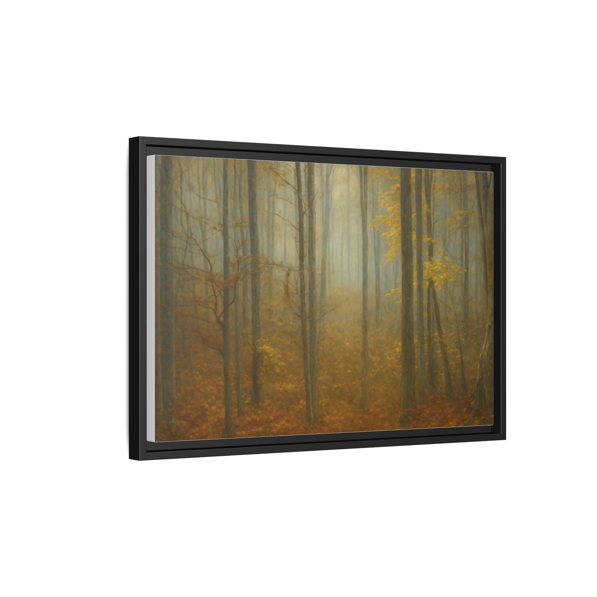 Framed matte canvas wall art of an autumn forest scene with misty trees, by Printify, suitable for home decor.