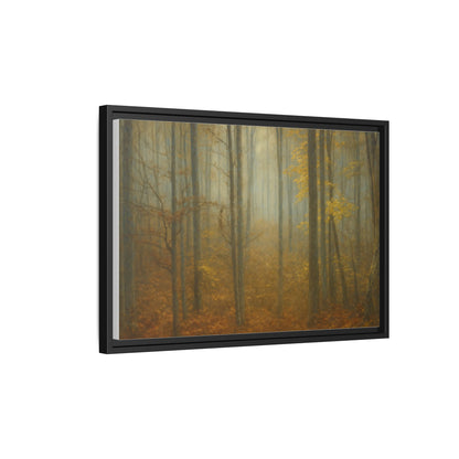 Framed matte canvas wall art of an autumn forest scene with misty trees, by Printify, suitable for home decor.