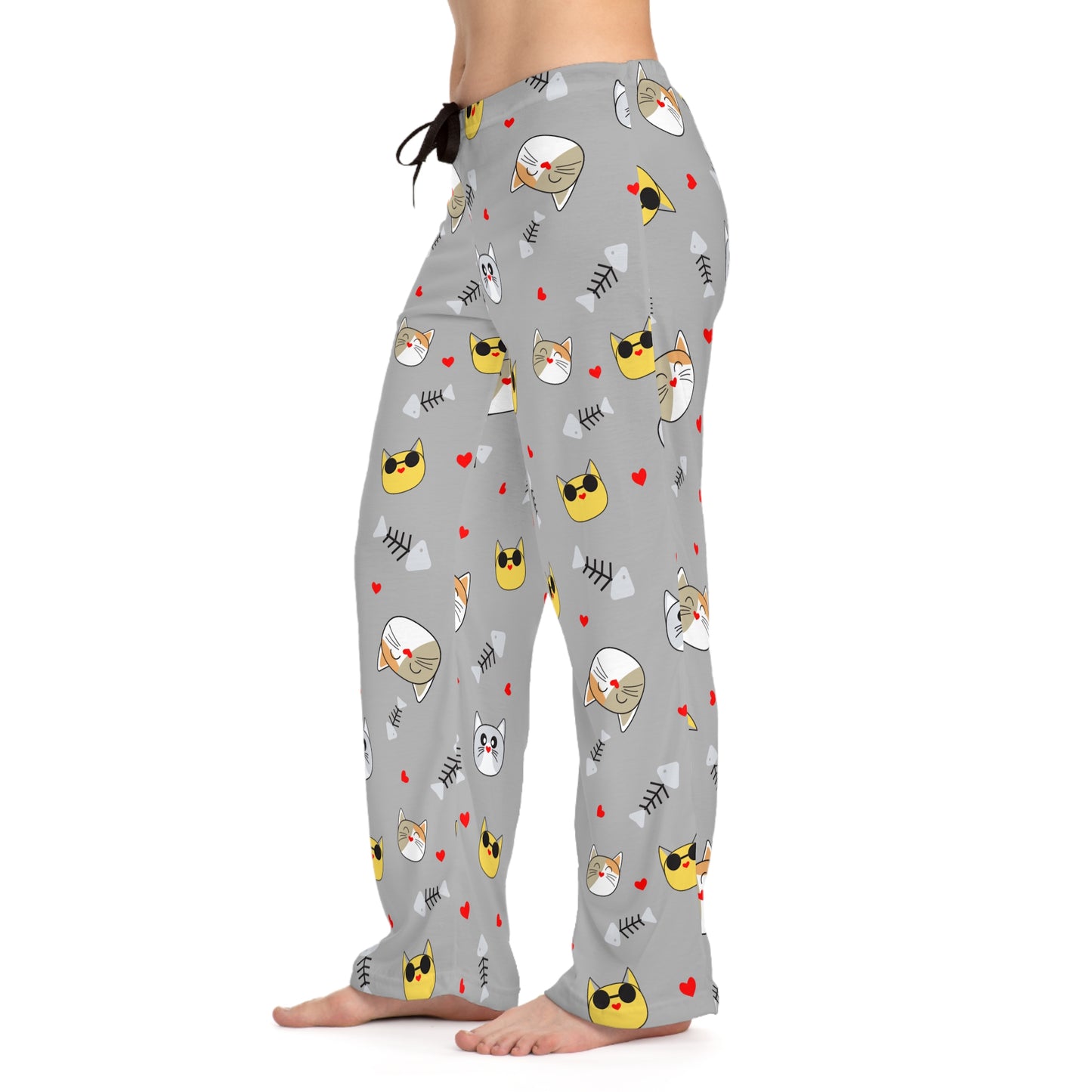 Gray women's pajama pants with a cat face pattern, comfortable sleep lounge pants featuring all-over print by Printify.