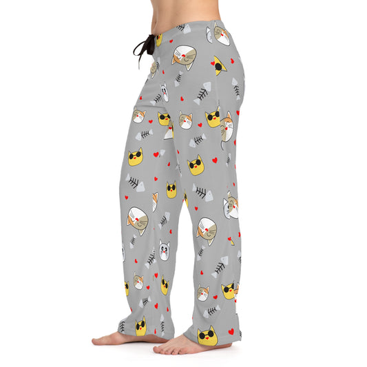 Gray women's pajama pants with a cat face pattern, comfortable sleep lounge pants featuring all-over print by Printify.
