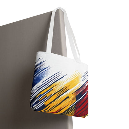Abstract Brushstroke Tote Bag - Bold Red, Yellow & Blue All-Over Print