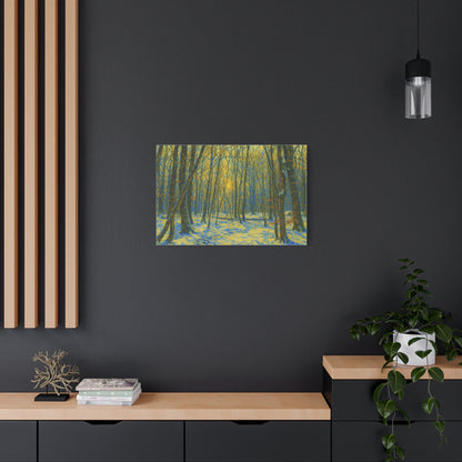 Winter woodland forest sunlight canvas print by Printify, matte stretched art depicting a serene winter forest scene.