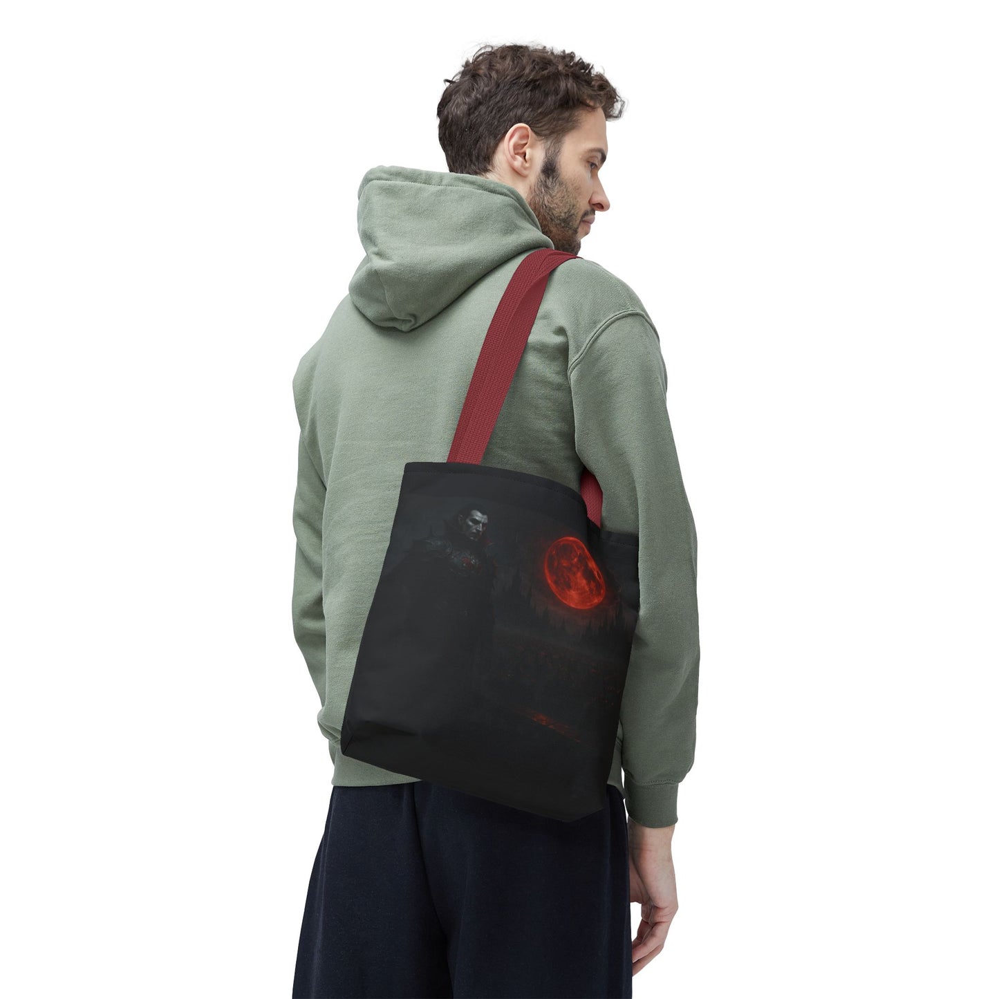 Gothic Dracula tote bag with moonlit vampire art, perfect for Halloween, by Printify, featuring dark, spooky vampire imagery.