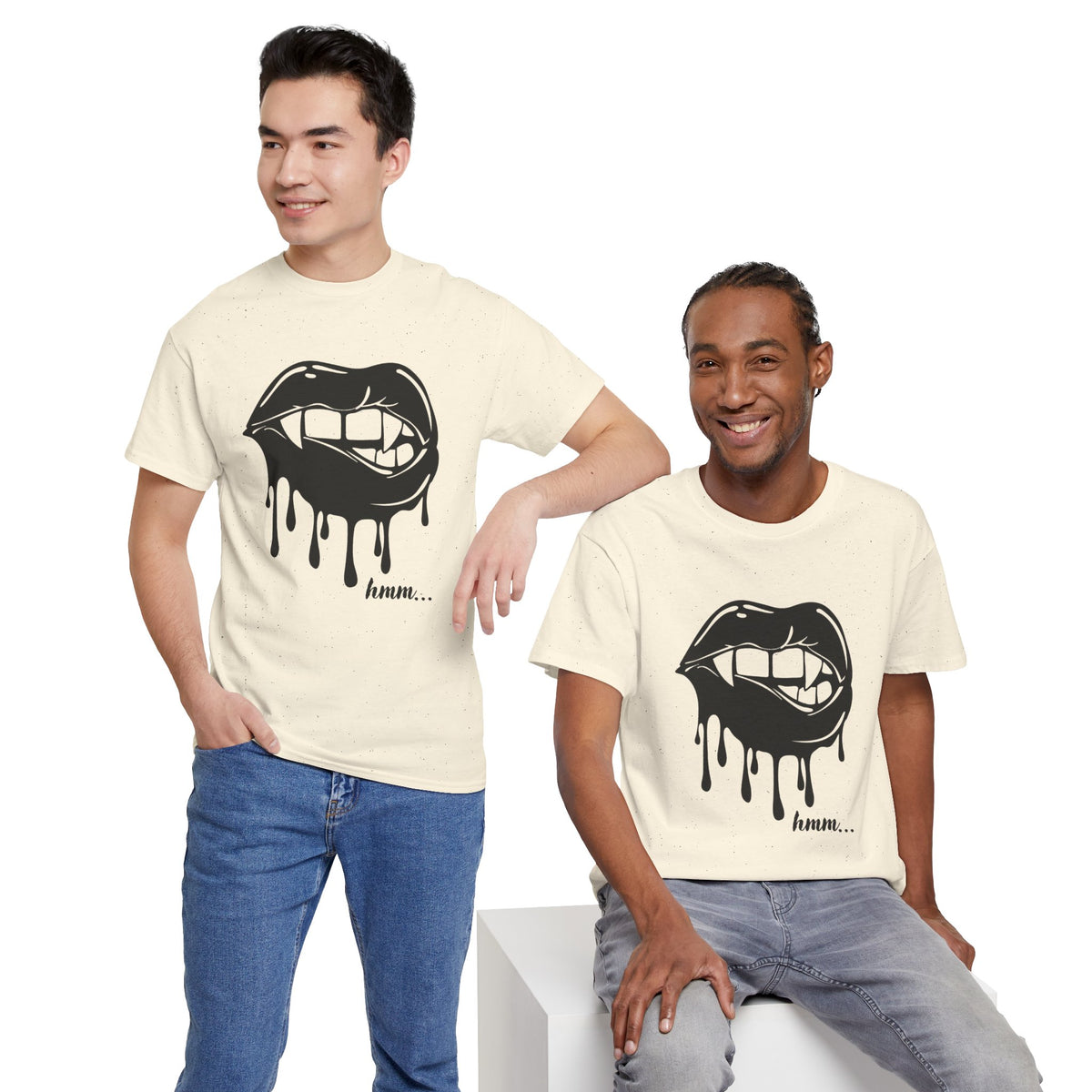 Black graphic T-shirt by Printify featuring dripping lips and 'hmm...' bite design on the front.